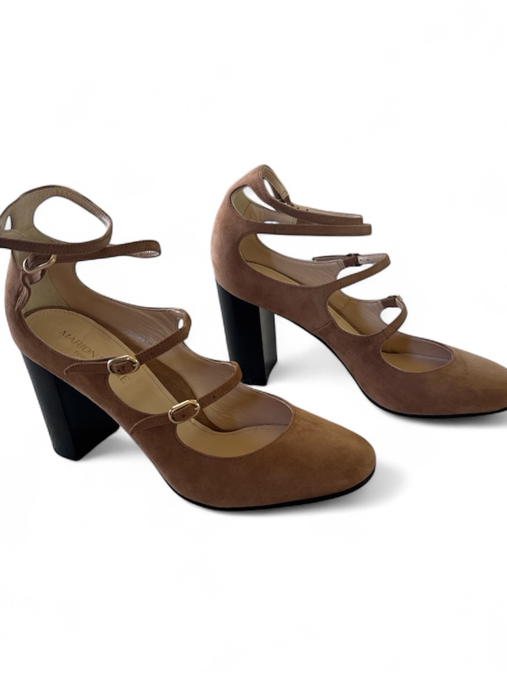 Marion Parke Brown Suede Mary Jane Multi Buckle Block Heel Pumps size 9 NWT